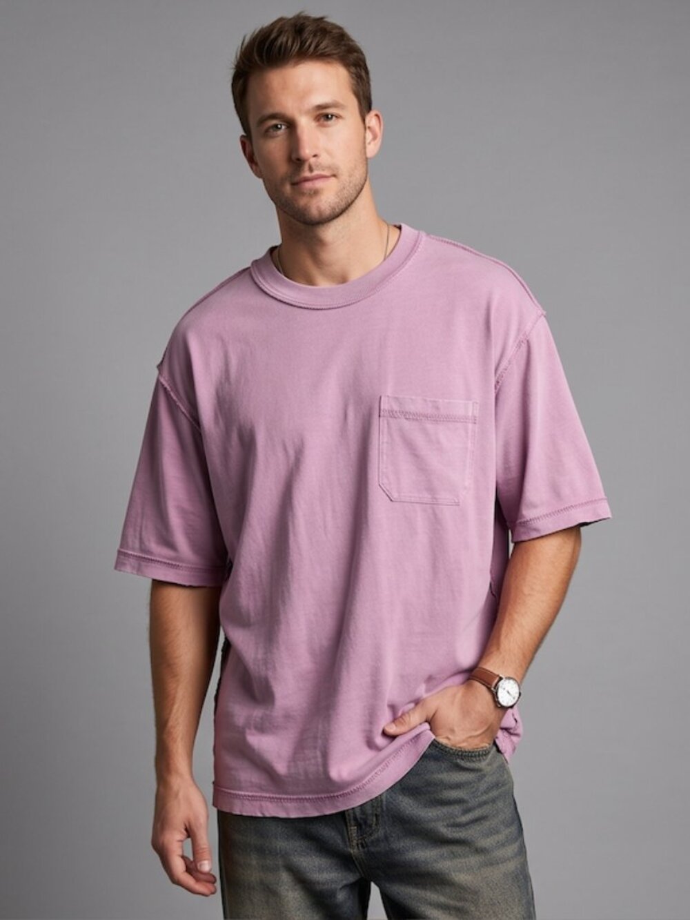 LCKR Men's Oversized Heavyweight Cotton T-Shirt – Exposed Raw Seam Pocket Tee